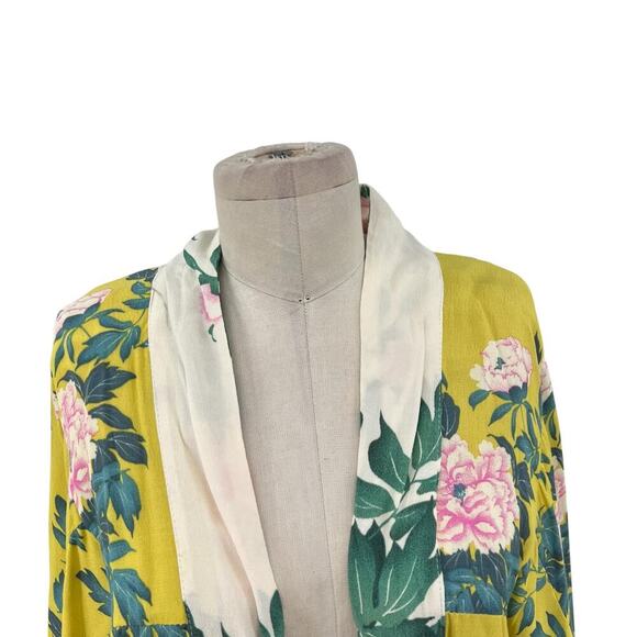 Anthropologie Elma Kimono Top Open Front Rose Floral Print Yellow One Size - Picture 3 of 13